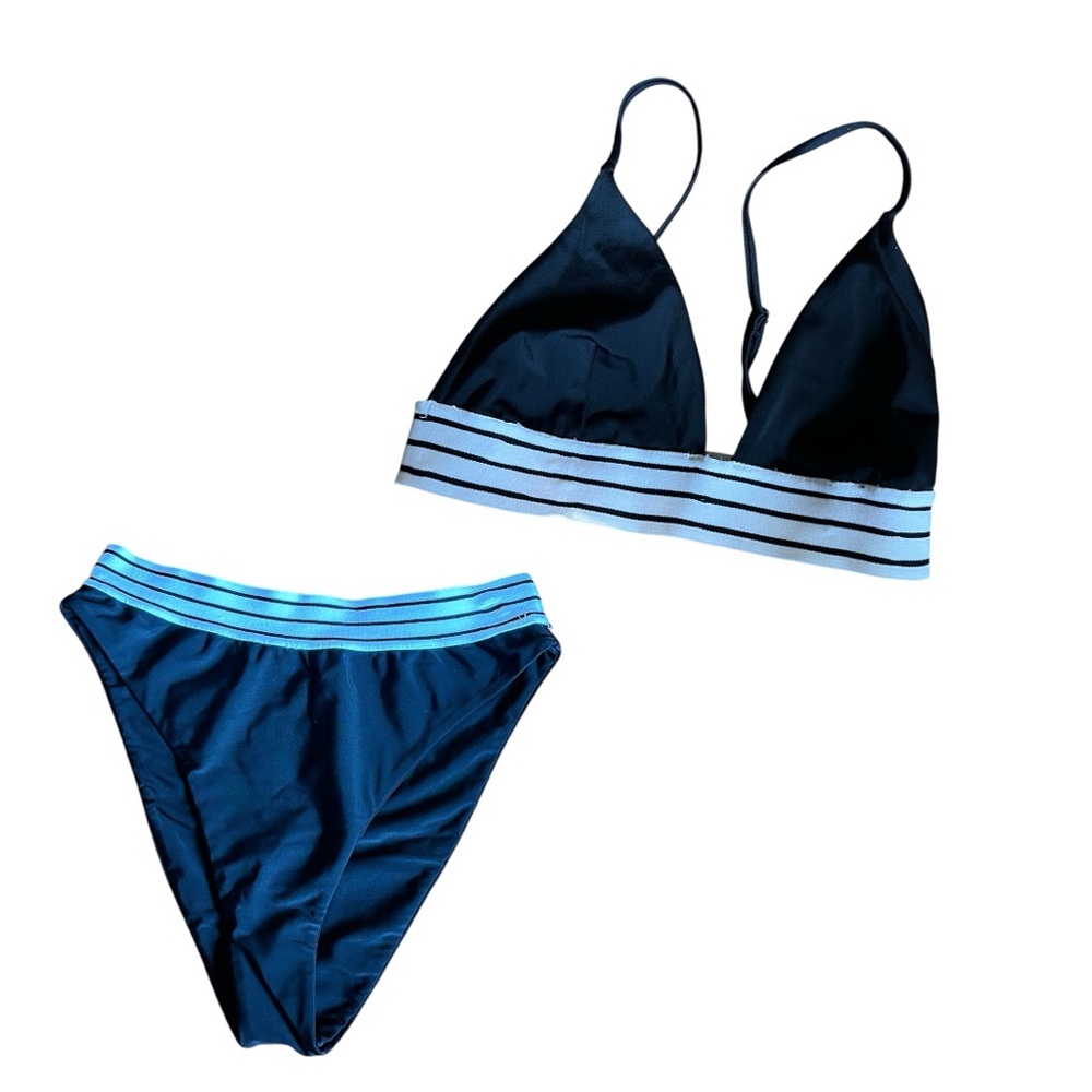 🔳SARA SWIM: Women’s M, black w/striped white band bikini set, preowned🔳